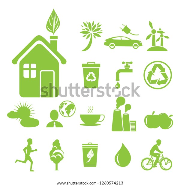 Green ecology symbols raster\
illustrations. Big house with leaf in chimney icon, recycling\
agitation, water saving and\
anti-pollution.