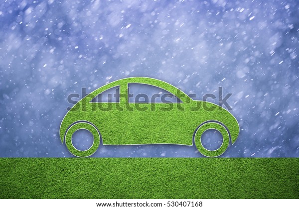 Green electric car background. Grass textured\
flat vehicle icon on rainy\
background.