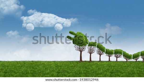 Green electric car idea and EV or renewable\
vehicle eco energy to save the environment with a plant and leaves\
shaped as a plug as alternative natural fuel for clean air with 3D\
illustration\
elements.
