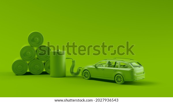 Green Electric Car\
Rechargeable Battery Hybrid Transportation Renewable Energy Eco\
Fuel 3d illustration\
render