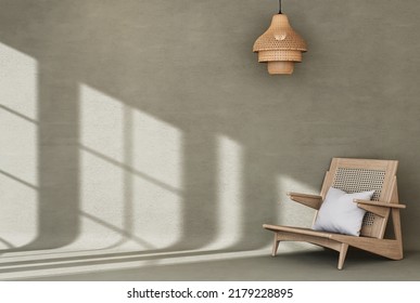 Green Empty Room Desktop Wallpaper, Armchair Home Decoration Background. 3D Rendering