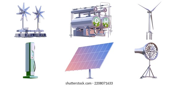 Green Energy 3D Icons Set. Hydrogen, Solar Panels, Windmill, EV Electro Car Charging Station. Green Hydrogen H2 Production, Renewable Electricity, EV, Solar Cells, Wind Turbine Future Eco Energy Icons