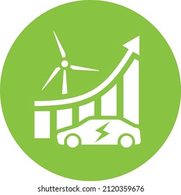 Green Energy Illustration. Electric Car, Wind Generator And Growth Graph. Electric Transport And Renewable Energy. Increase In The Fleet Of Electric Vehicles