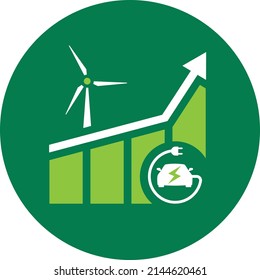 Green Energy Illustration. Electric Car, Wind Generator And Growth Graph. Electric Transport And Renewable Energy. Increase In The Fleet Of Electric Vehicles