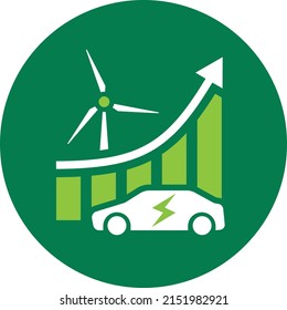 Green Energy Illustration. Electric Car, Wind Generator And Growth Graph. Electric Transport And Renewable Energy. Increase In The Fleet Of Electric Vehicles