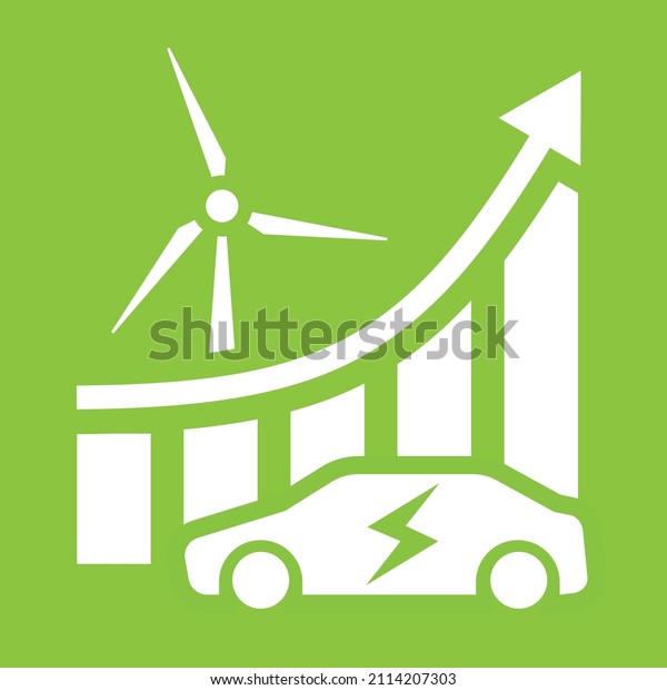 Green energy illustration. Electric
car, wind generator and growth graph. Electric transport and
renewable energy. Increase in the fleet of electric
vehicles