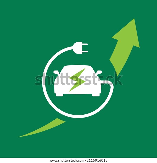 Green\
energy illustration. An electric car and an electric plug against\
the background of a growing arrow as a symbol of an increase in the\
number of electric vehicles. Green energy\
icon