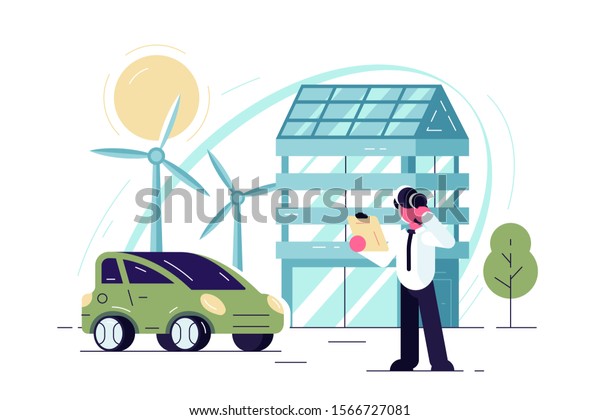 Green energy technologies\
illustration. Man standing near eco friendly modern house and car\
powered by wind flat style concept. Renewable power city of\
future