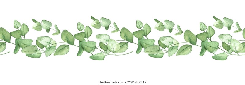 Green eucalyptus border. Green frame for rustic background. Horizontal template for a banner or wedding invitation. Watercolor isolated botanical illustration with plants.