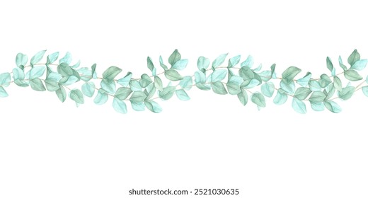 Green eucalyptus branches forming a horizontal banner, isolated. Seamless border, watercolor clipart. Ideal for use in invitation designs, stationery, or branding materials with a botanical theme - Powered by Shutterstock