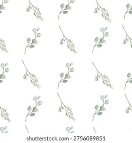 Green eucalyptus branches seamless pattern. Hand drawn watercolor floral illustration. Perfect for fabric, wallpaper, wrapping paper and wedding and baby shower designs.