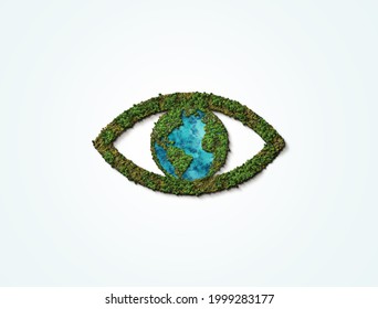 Green eye concept, Planet earth and green nature human eye. See the green world. World environment day and earth day concept 3d background.