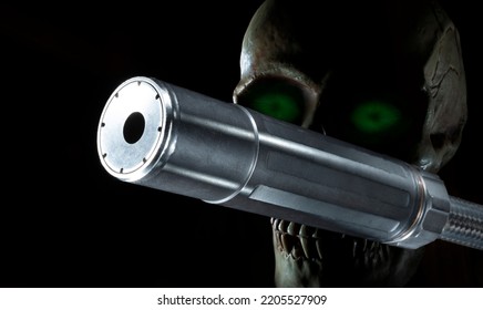 Green Eyed Skull Behind A Suppressor On Black