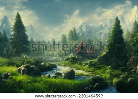 Green Fantasy Landscape Art Backgrounds. Digital art and Watercolor. 
