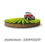 Green farmland with crops and tractor isolated on piece of land isolated on white background. 3d rendered Farm with meadow landscape with machinery view. Smart farming and modern farm business design.
