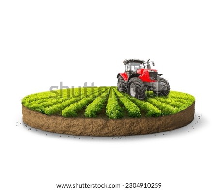 Green farmland with crops and tractor isolated on piece of land isolated on white background. 3d rendered Farm with meadow landscape with machinery view. Smart farming and modern farm business design. Foto d'archivio © 