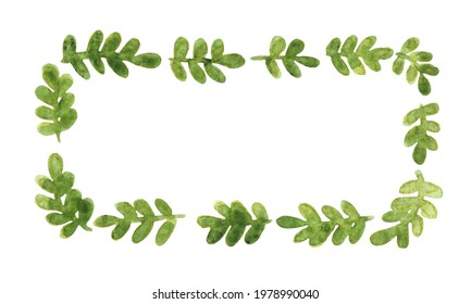 Green Fern Leaves Rectangle Wreath Watercolor Hand Painting For Decoration On Nature, Tropical, Organic And Spring Season Theme.