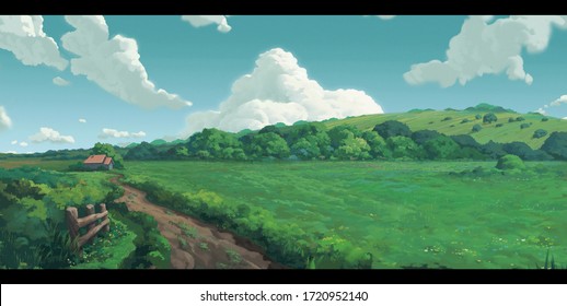 日の空の背景に緑のフィールド アニメの背景 のイラスト素材