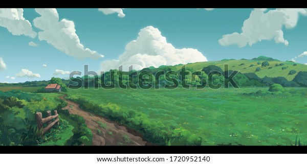 日の空の背景に緑のフィールド アニメの背景 のイラスト素材