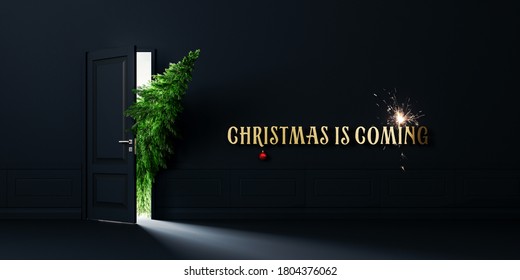 Green Fir Tree Enters The Door, Christmas Is Coming Concept Background 3D Rendering, 3D Illustration