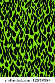 Green fire flames on a black background, old school seamless pattern