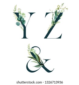 Green Floral Alphabet Set - letters Y, Z, & ampersand with botanic branch bouquet composition. Unique collection for wedding invites decoration and many other concept ideas.