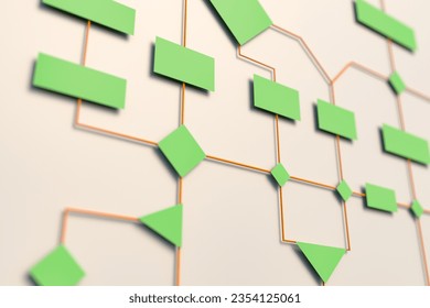 Green flow chart to visualize a concept, industrial process or business strategy. Workflow, operation, planning, organization, sequence and development.