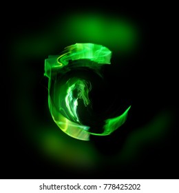 Green Fractal Flame That Looks Like The Letter C, E Or G With A Phantom Mirage On Black Background.