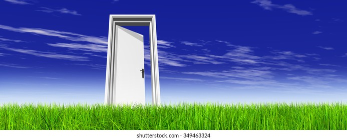 Green, fresh and natural 3d conceptual grass over a blue sky background banner, a opened door at horizon ideal for religion, home, recreation, faith, business, success, opportunity or future