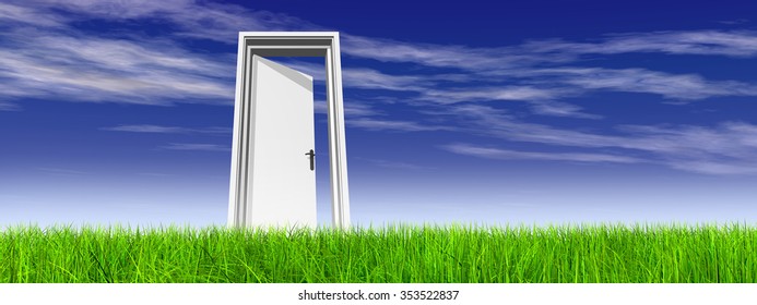 Green, fresh and natural 3d conceptual grass over a blue sky background banner, a opened door at horizon  ideal for religion, home, recreation, faith, business, success, opportunity future