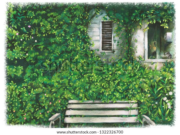 Green Garden Bench Flowers Window Art Stock Illustration 1322326700