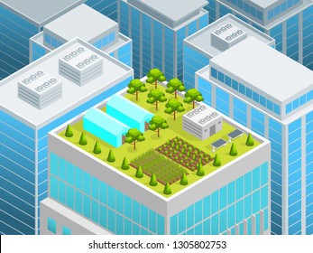 Green Garden On The Roof Concept 3d Isometric View Urban Architecture Elements Landscape Background Scene. Illustration