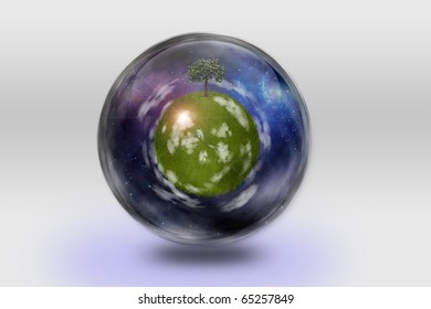 Green globe inside transparent container