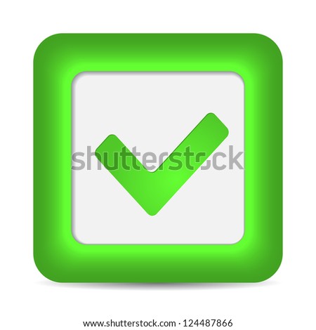 Green glossy web button with check mark sign. Rounded square shape icon on white background. 10 eps