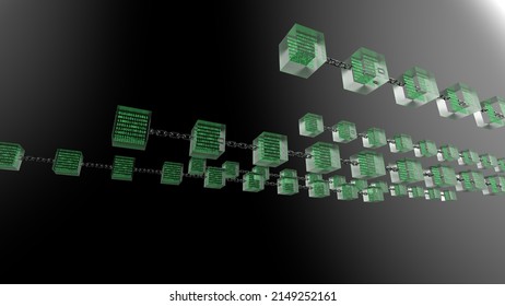 Green glowing binary data in clear glass cubes connected by iron chains under blue lighting background. Block chain network technology concept illustration. 3D illustration. 3D CG.