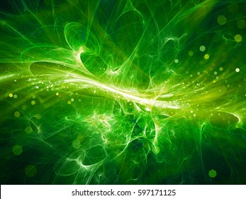 Green Glowing High Energy Plasma Field In Space With Particles, Computer Generated Abstract Background