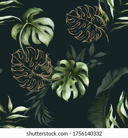 Green And Gold Tropical Leaves On Dark Background. Watercolor Hand Painted Seamless Pattern. Floral Tropic Illustration. Jungle Foliage.