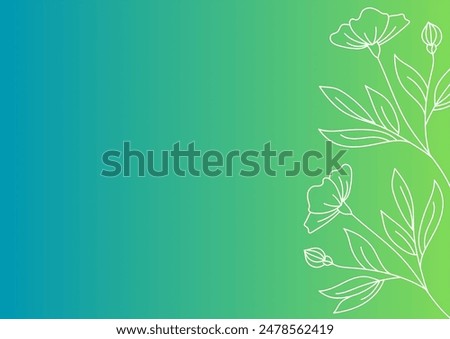 Green gradient template background with a flower silhouette. Flowers in white outline or minimal silhouette design, green spring background vector, beautiful garden banner pattern.