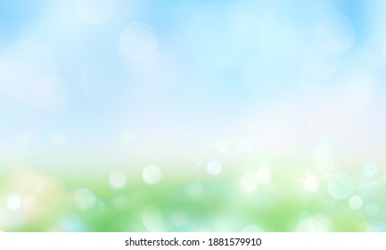 Green Grass Blue Sky Blurred Bokeh Background.Abstract Spring Summer Nature Backdrop,de Focused Illustration.Natural Texture.