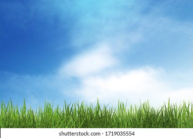 Green Grass And Blue Sky With Clouds. 3D Illustration