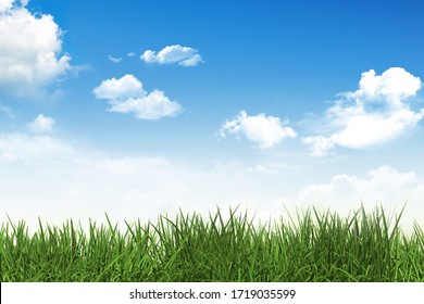 Green Grass And Blue Sky With Clouds. 3D Illustration