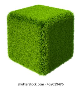 Green Grass Cube Isolated On White Background. 3d Rendering