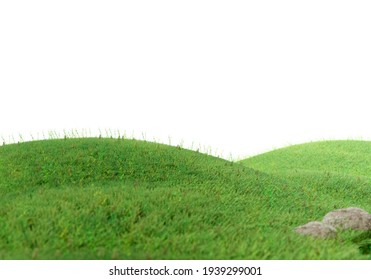 Green Grass Field On Small Hills And Blue Sky With Clouds In White Isolate Background 3d Render