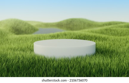 Green Grass Field With White Podium. Summer Landscape Scene Mockup. 3d Illustration