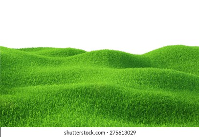 Green Grass Growing On Hills With White Background Top View. 3d Render