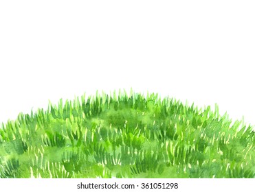 Green Grass Lawn Painted In Watercolor On White Isolated Background