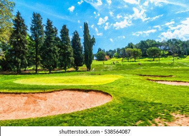 Green Grass On A Golf Field On Sunny Day. Oil Painting Effect.