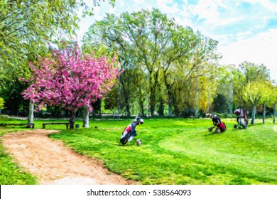 Green Grass On A Golf Field On Sunny Day. Oil Painting Effect.