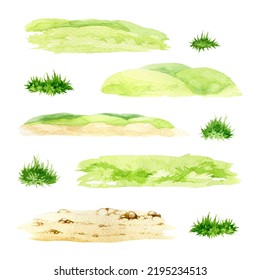 Green grass, sandy ground watercolor illustration set. Lush grass landscape grass element. Fresh herbs and natural plants floral illustration bundle