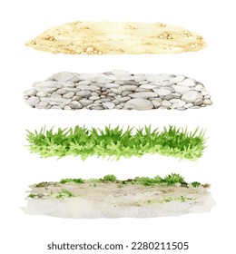 Green grass, sandy, pebble ground watercolor illustration set. Lush grassy, rocky, sand landscape background element collection. Various natural surfaces illustration bundle